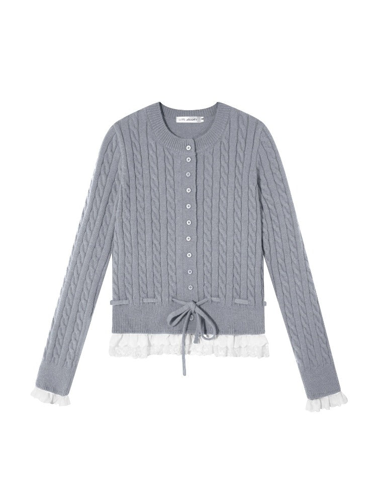 Cable Knit Lace Hem Drawstring Sweater