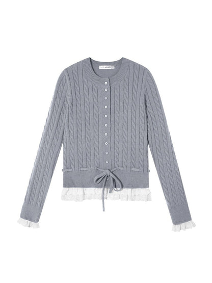 Cable Knit Lace Hem Drawstring Sweater
