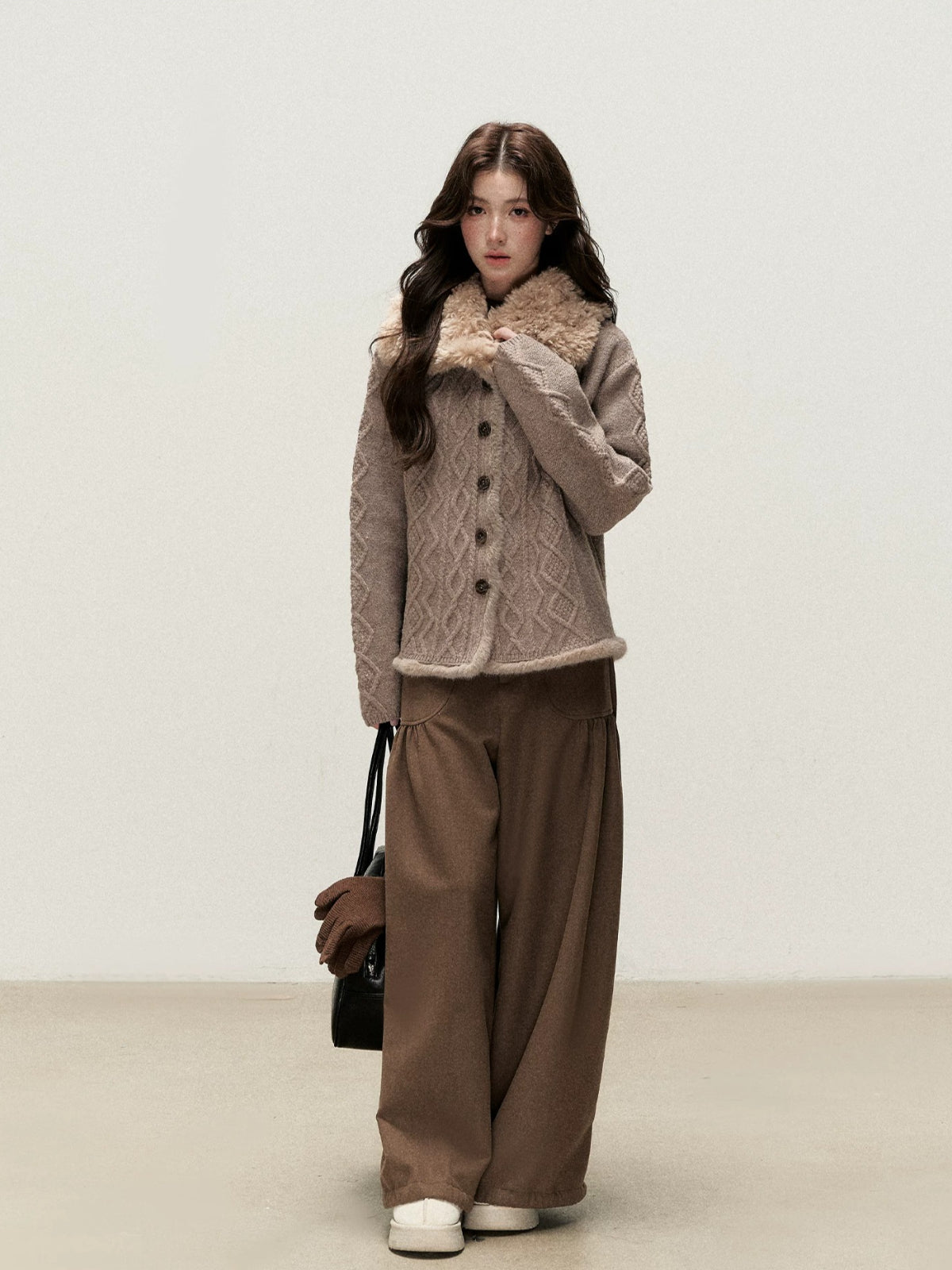 Vintage Brown Pleated Straight-Leg Pants