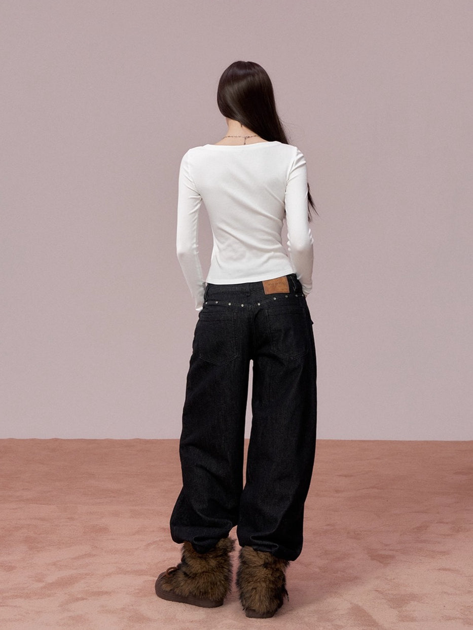 Rose Button Detail Fitted Long Sleeve Top