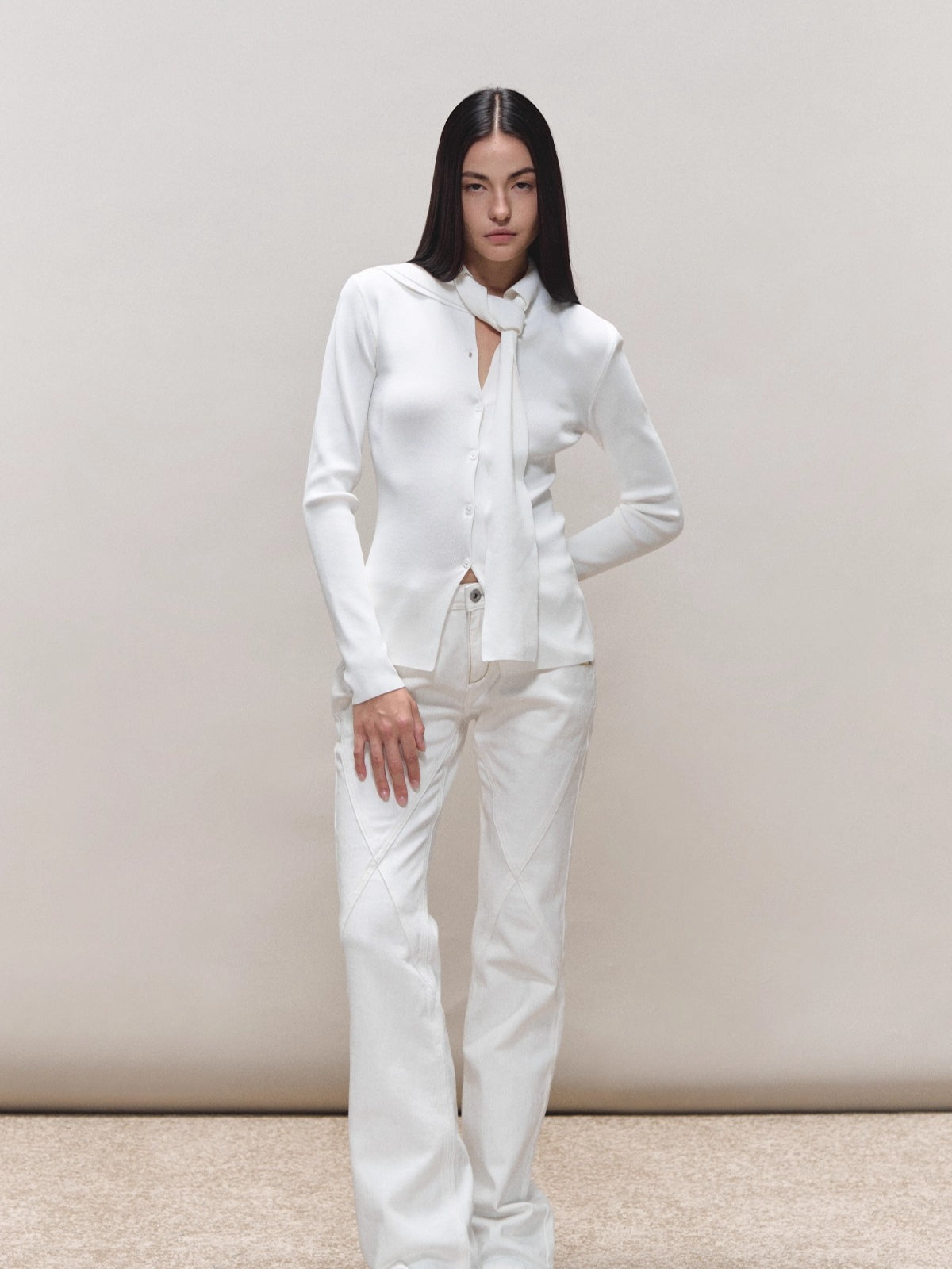 Vintage-Wash Seam-Panel White Jeans