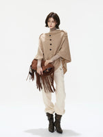Detachable Fur Collar Cable Knit Cape
