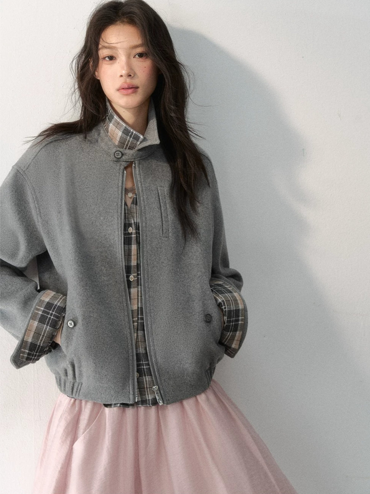 Layered Plaid Wool Blend Jacket