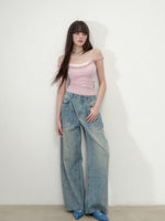 3D Rhinestone Wide-Leg Denim Pants