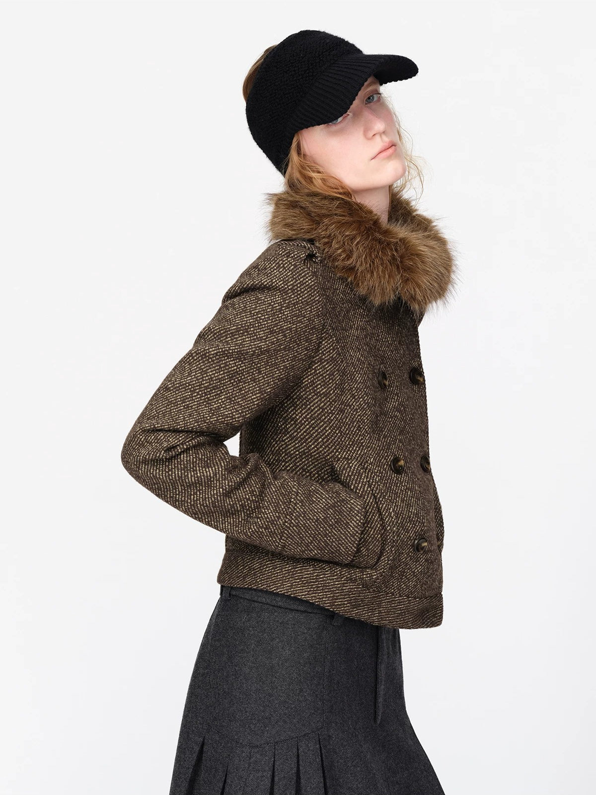 British Vintage Wool Fur Collar Coat