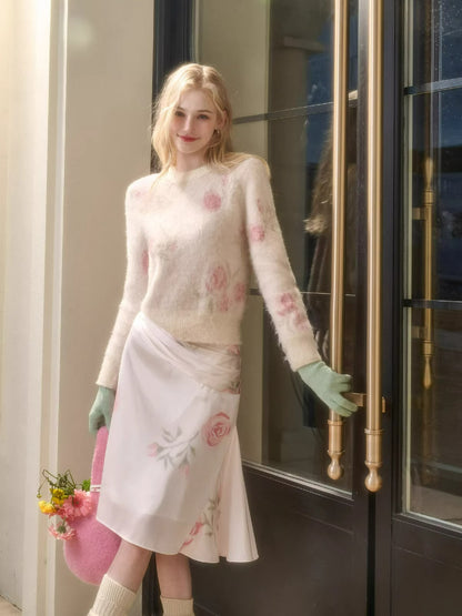 Pink Rose Embroidered Knit Set