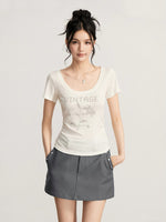 Rhinestone Floral U-Neck T-shirt