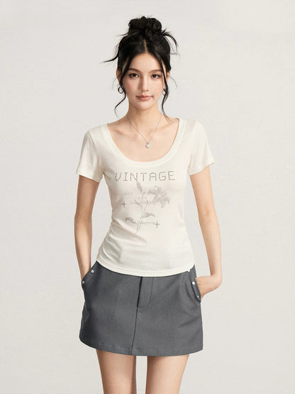 Rhinestone Floral U-Neck T-shirt