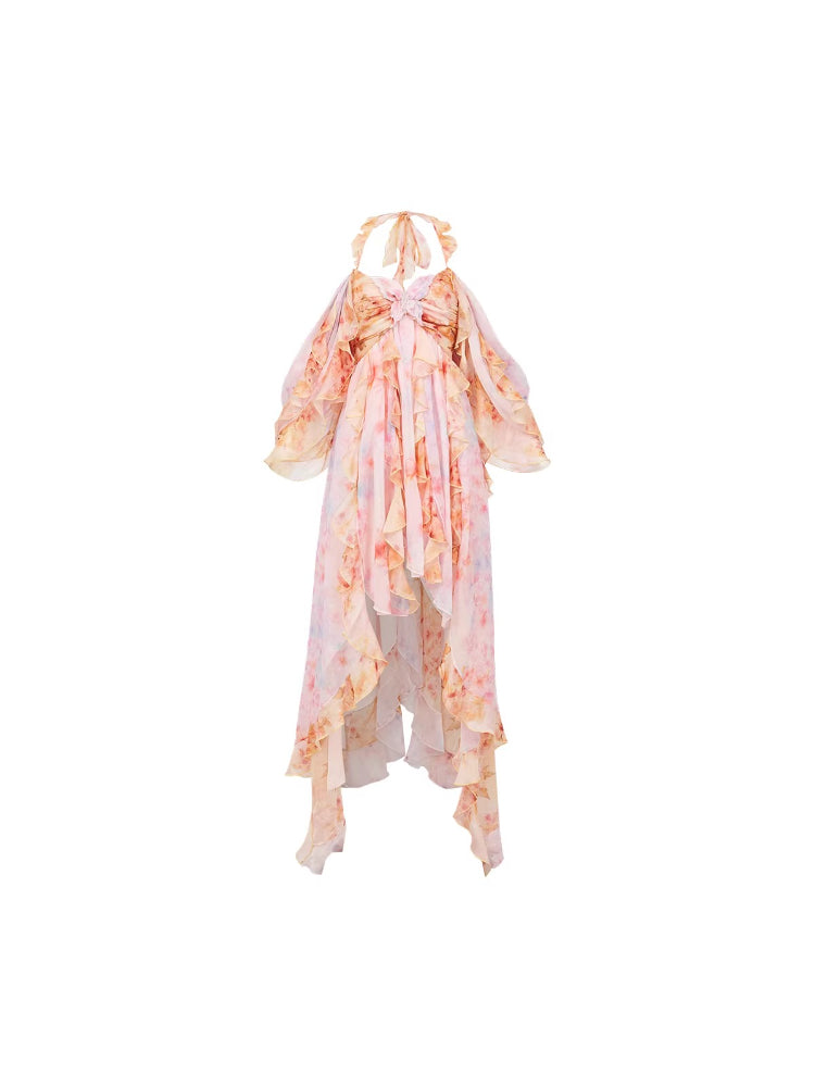 Guggi Printed Chiffon Halter Dress
