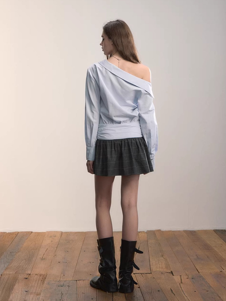 Blue Asymmetrical Shirt Plaid Mini Dress
