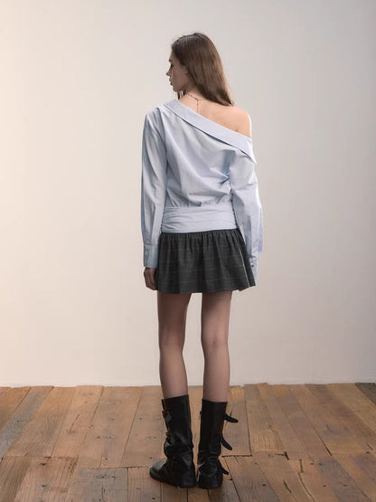 Blue Asymmetrical Shirt Plaid Mini Dress