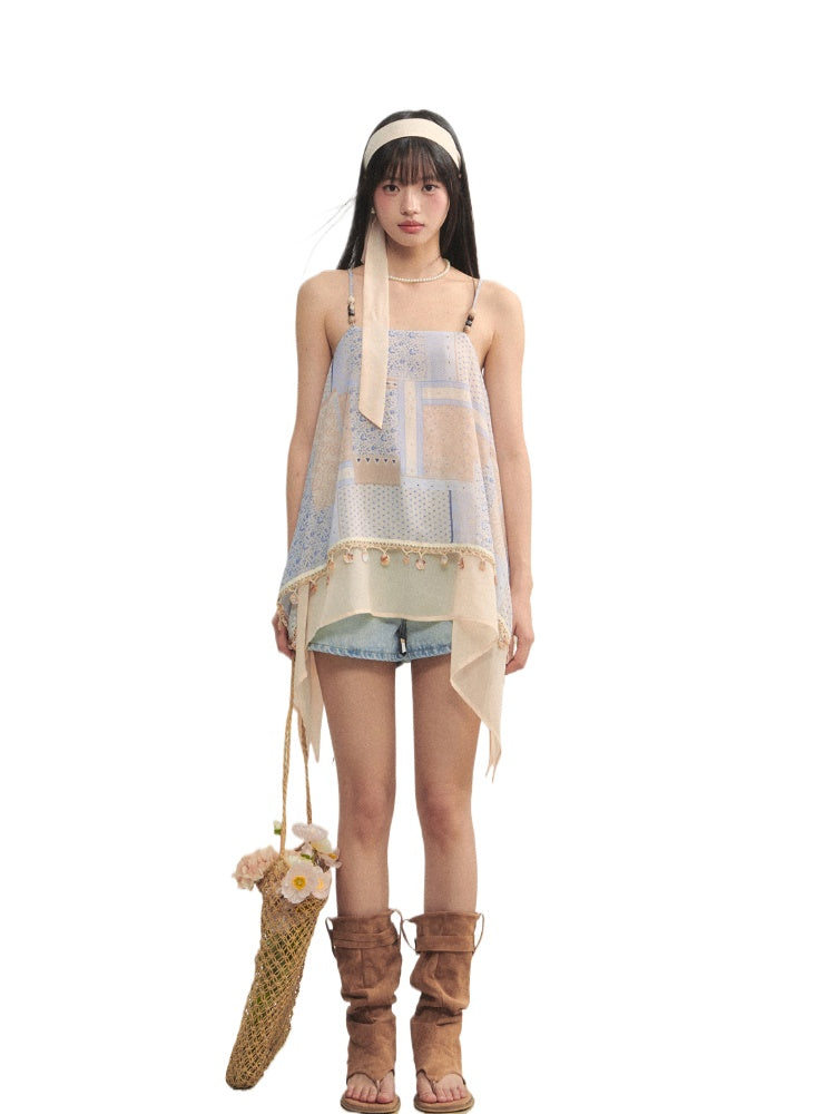 Irregular Beaded Strappy Printed Slip Dress