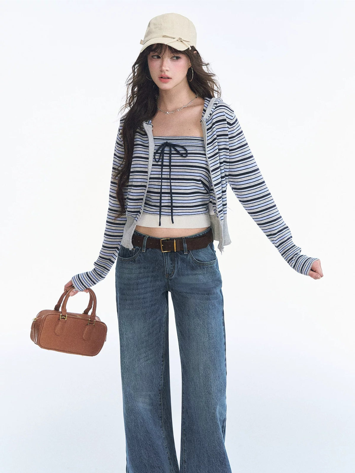 Striped Hooded Cardigan Bandeau Knit Set
