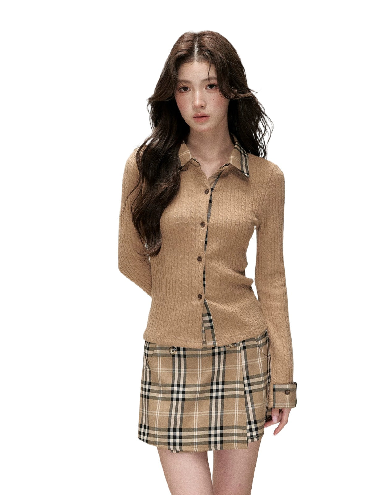 Plaid Trim Cardigan &amp; Mini Skort Set