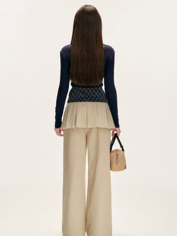 Contrast Lace-Trim Plaid Top Set