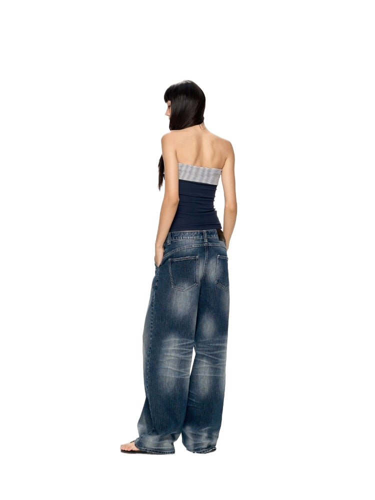 Deep Blue Washed Texture Distressed Denim Jeans