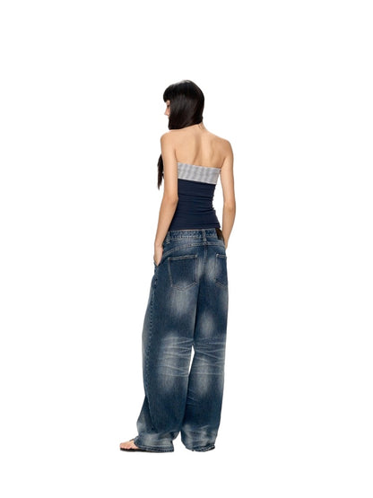 Deep Blue Washed Texture Distressed Denim Jeans