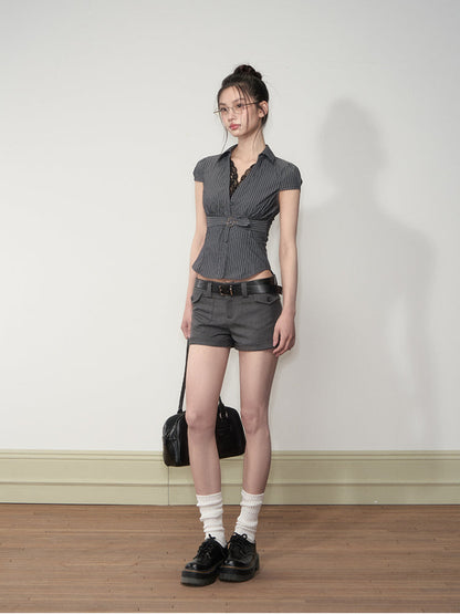 Grey Patch-Pocket Low Waist Suit Shorts