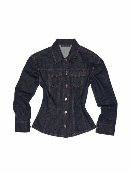 Raw Denim Wide-Shoulder Waist-Cinching Jacket Set