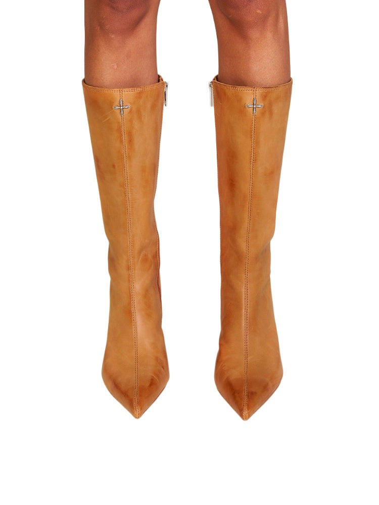 Compass Badge Sword Leather High Heel Boots Patina Wild Horse Brown Patina