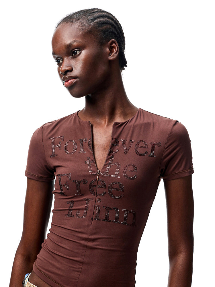 Floral Letter V-Neck Hidden Zip Hot-Fix T-Shirt