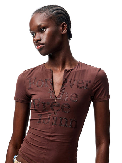 Floral Letter V-Neck Hidden Zip Hot-Fix T-Shirt