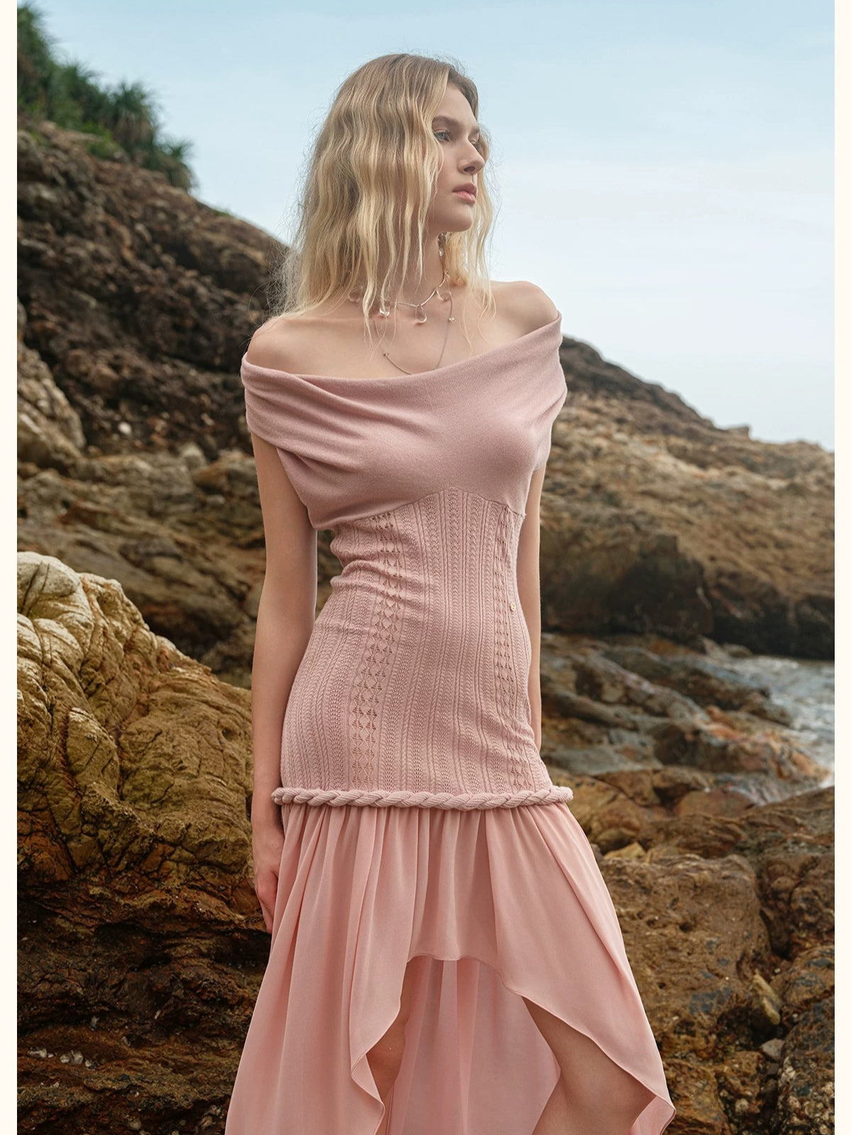Halter Knit Chiffon Layered Dress