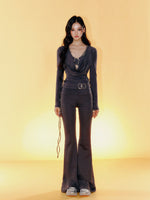Slim Fit Knit Bell Bottom Pants Knitted Set
