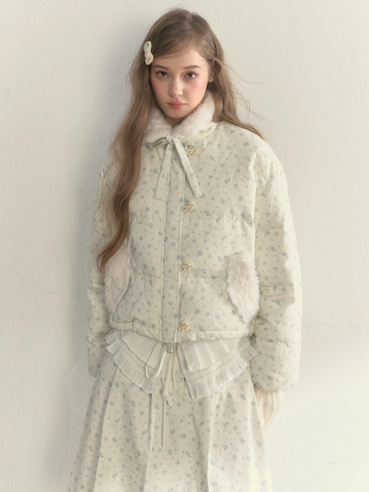 Floral Corduroy Down Jacket &amp; Pleated Skirt