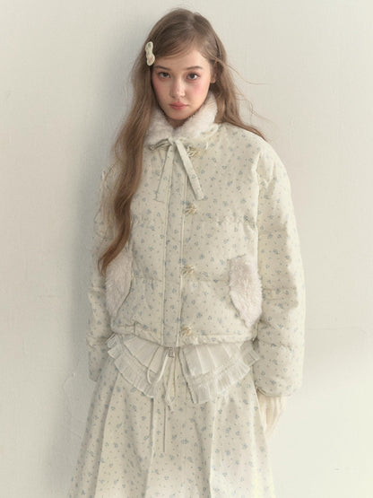 Floral Corduroy Down Jacket &amp; Pleated Skirt