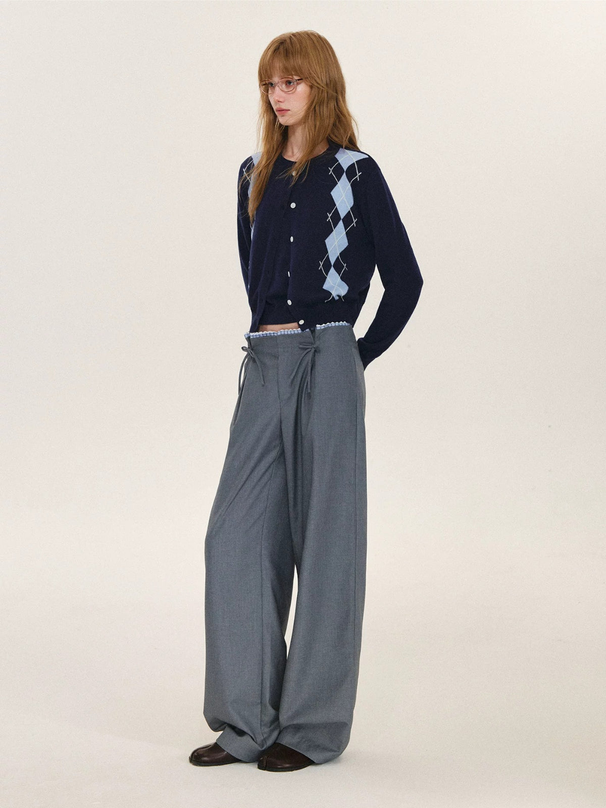 Plaid Trim Bow Detail Trousers