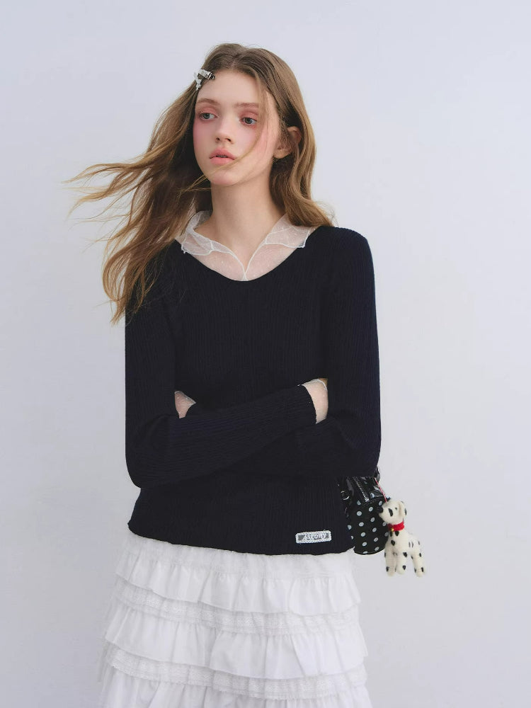 Polka Dot Mesh Wool Blend Knit Top