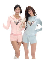 Blue Printed Slim Hoodie & High-Waist Shorts Set