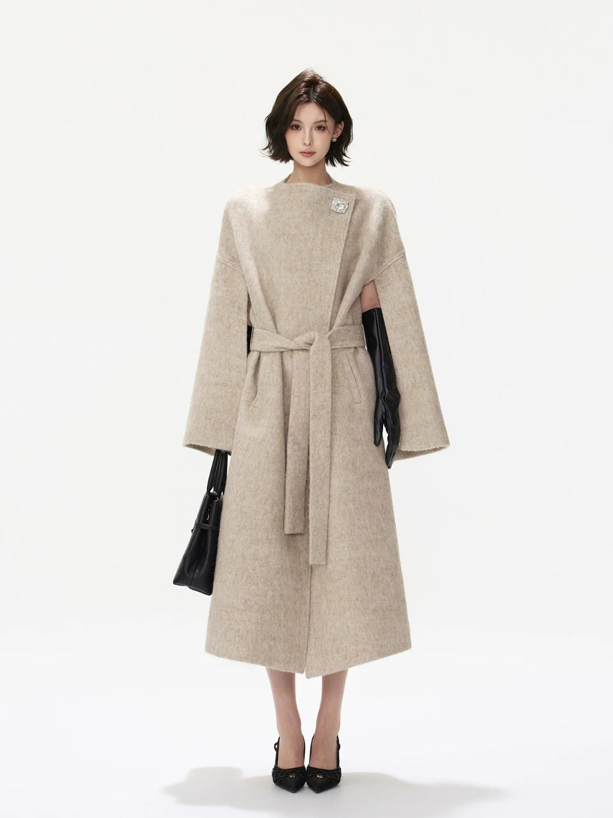 Embellished Buckle Belted Wool Blend Coat