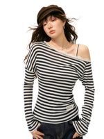 Striped Asymmetric Shoulder Fake Two-Piece T-Shirt