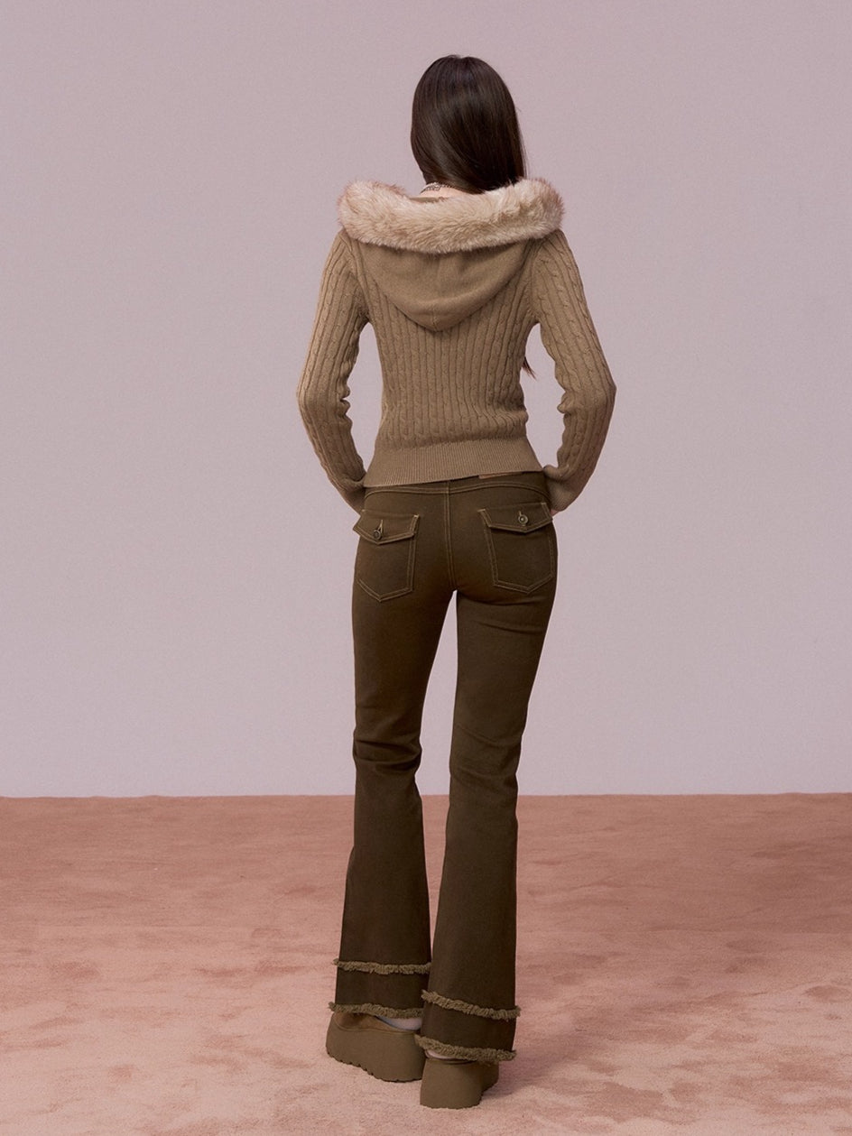 Ripped Hem Fitted Flared Denim Jeans