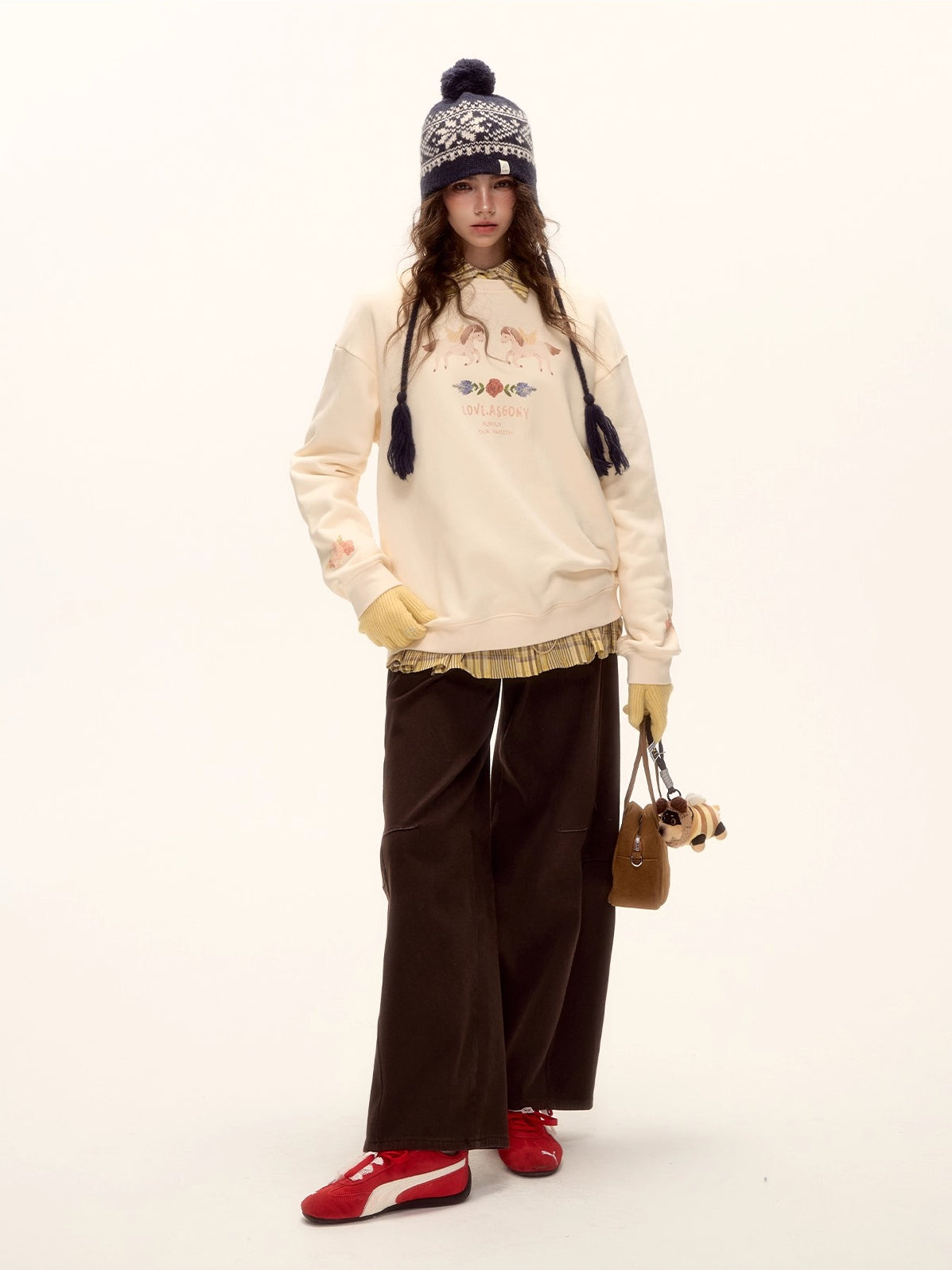 Floral Pony Print Fleece-Lined Pullover Sweatshirt