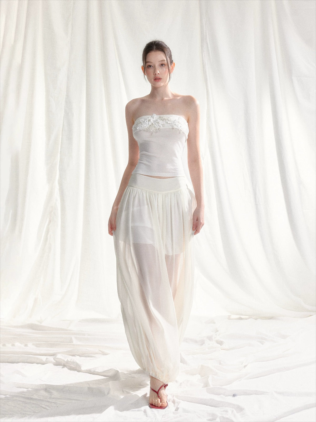 Floral Appliqué Bustier &amp; Mesh Pants Set
