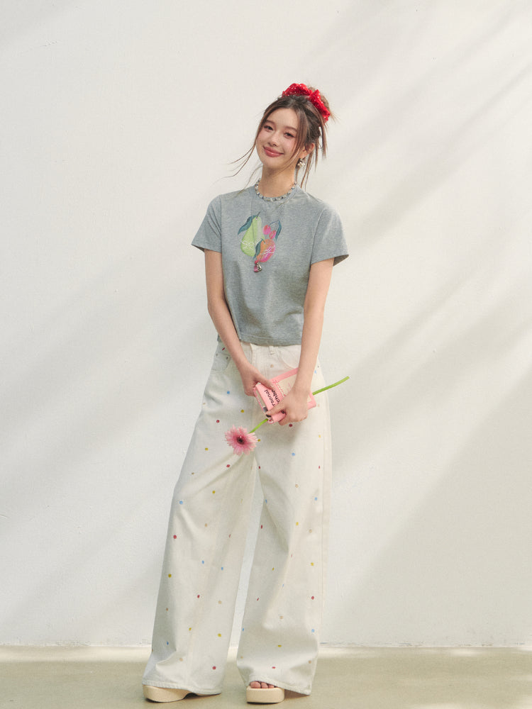 Printed Pearl-Decorated Short-Sleeve T-Shirt