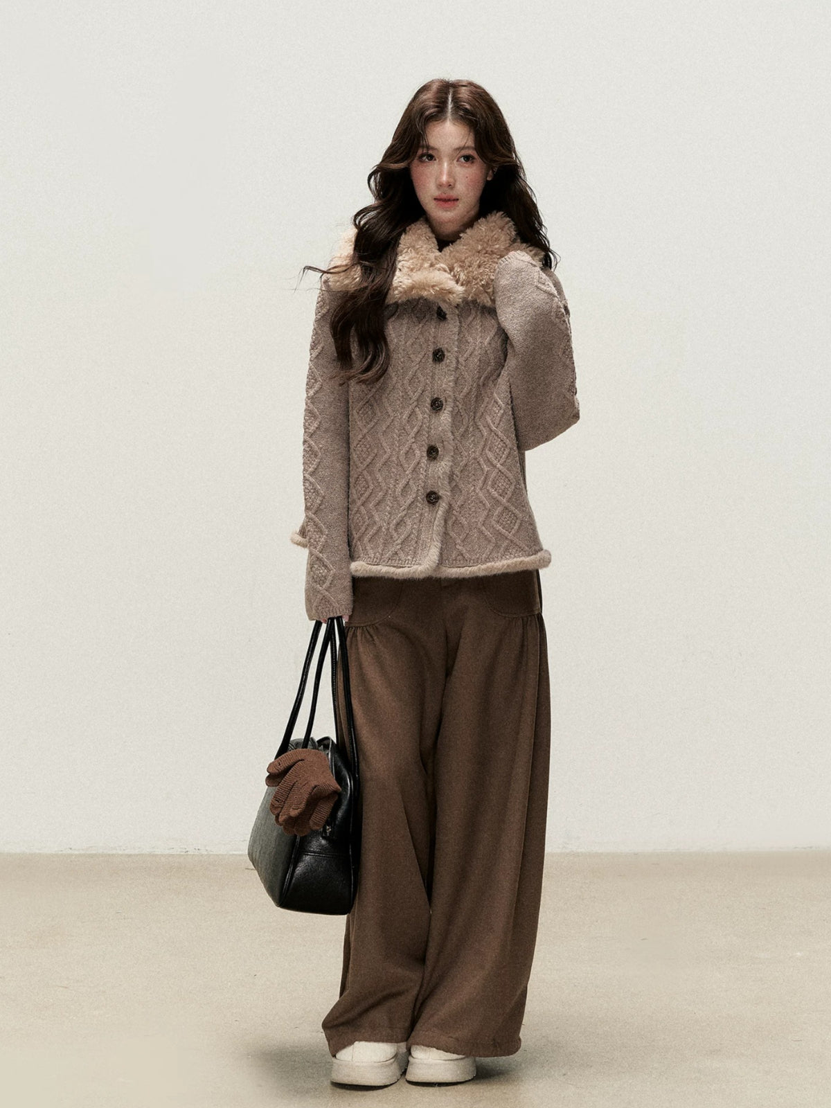 Faux Fur Collar Cable Knit Cardigan