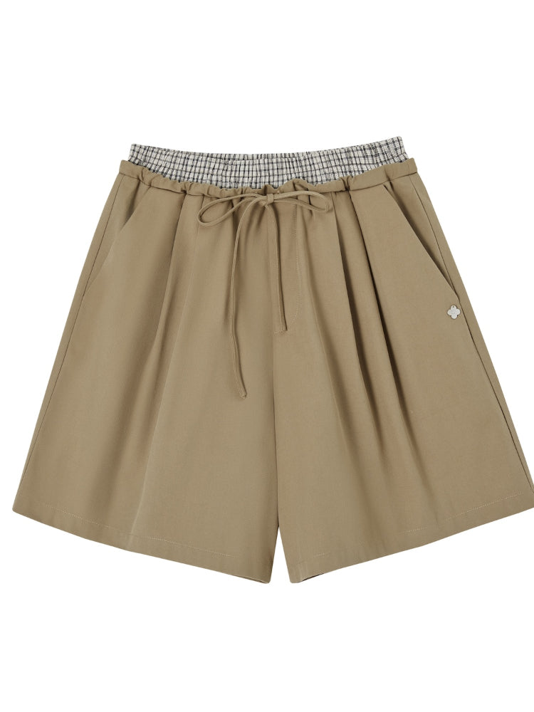 Fake Two-Piece Elastic-Waist Knee-Length Pants