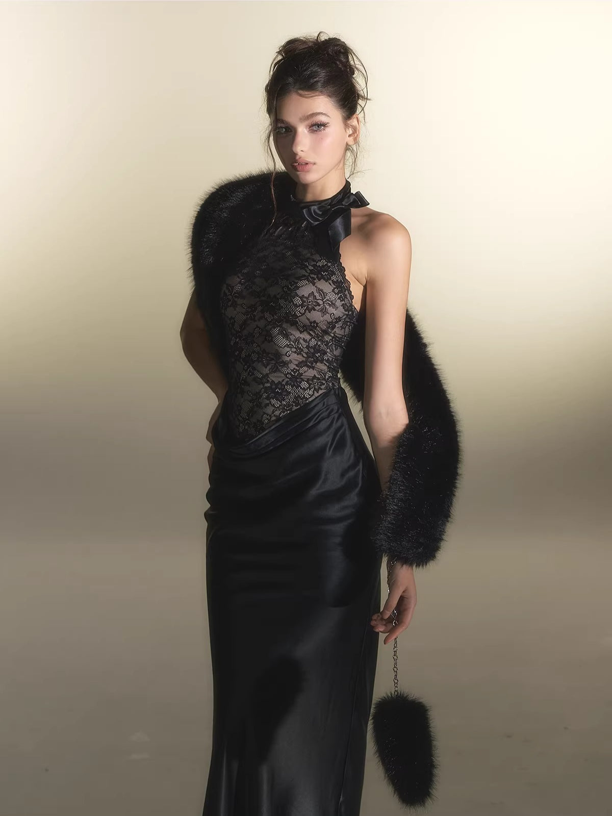 Black Lace Panel Acetate Dress