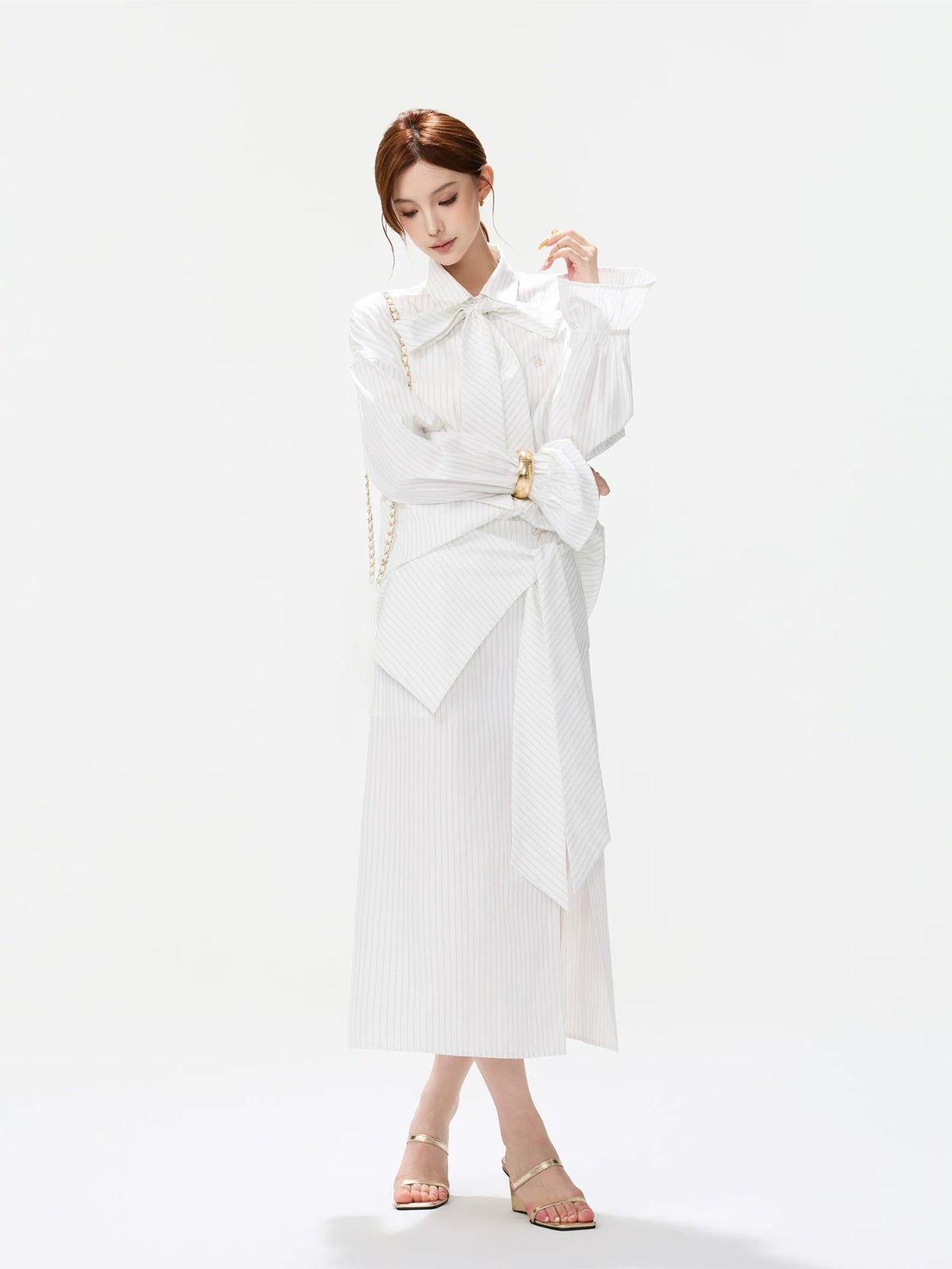 Striped Bow Shirt &amp; Slit Skirt Set
