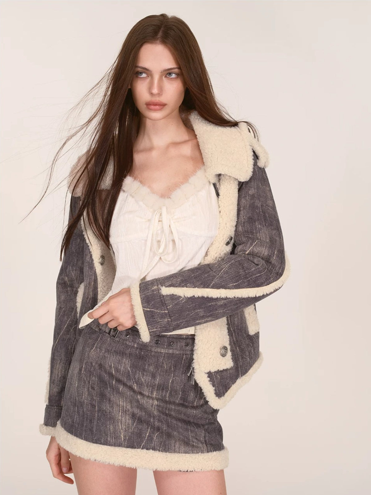 Sherpa Trimmed Jacket &amp; Skirt Set