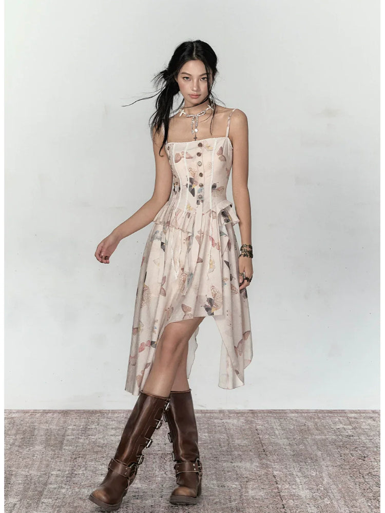 Butterfly Print Irregular Hem Dress