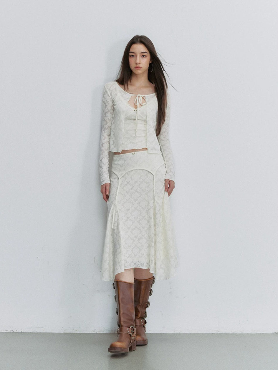Apricot Lace Cardigan &amp; Skirt Set