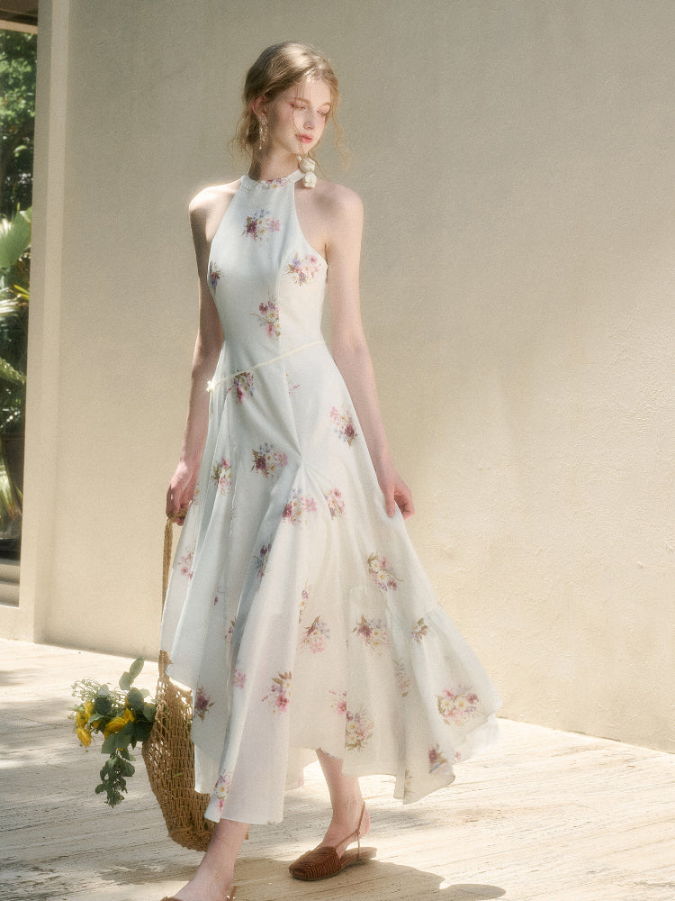 Halter Neck Printed Square Scarf Long Dress