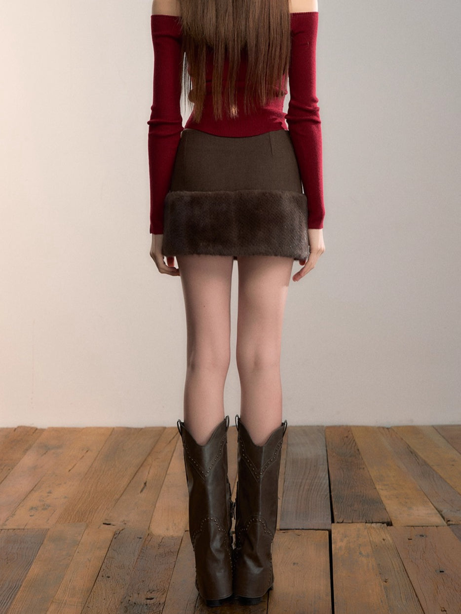 Fur-Panel Studded Mini Skirt