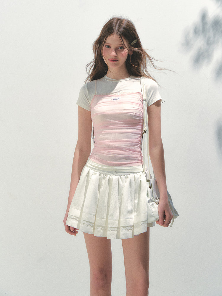 Contrast Color Fake Two-piece Mesh Lace Short-sleeve T-shirt