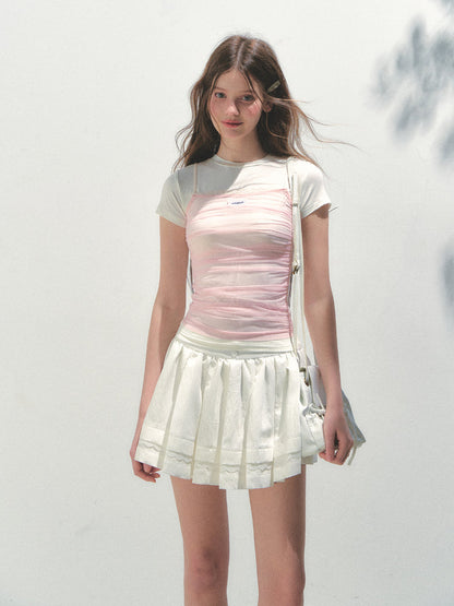 Contrast Color Fake Two-piece Mesh Lace Short-sleeve T-shirt
